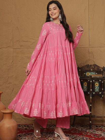 Floral Printed Keyhole Neck Cotton Anarkali Kurta With Palazzos & Dupatta