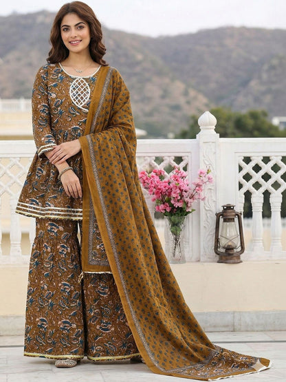 Women Floral Printed Pure Cotton Kurta with Sharara & With Dupatta