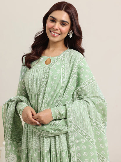 Womens Green Printed Cotton Anarkali Kurta With Trousers & Dupatta
