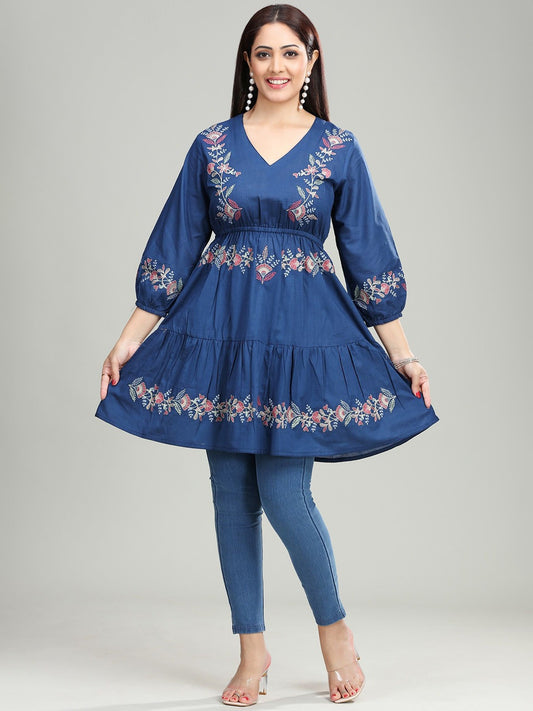 Women Floral V-Neck Thread Work Pure Cotton Thread Work Anarkali Kurti