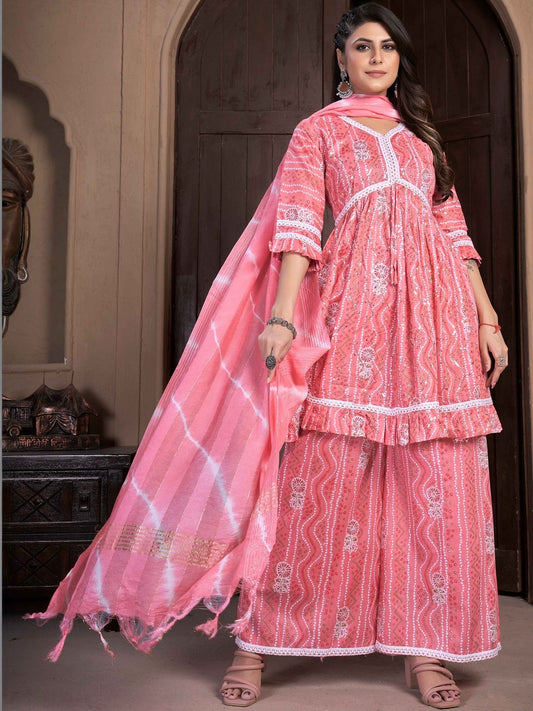Women Printed Empire Thread Work Kurta with Palazzos & With Dupatta
