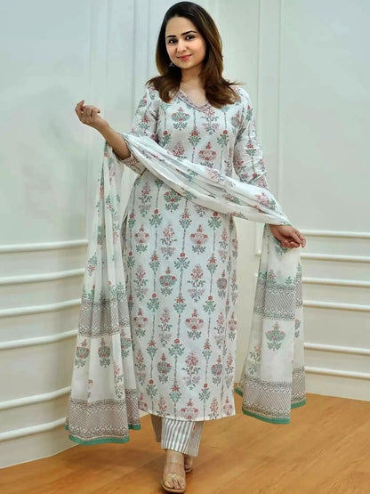 Women Floral Printed Regular Kurta with Trousers & With Dupatta