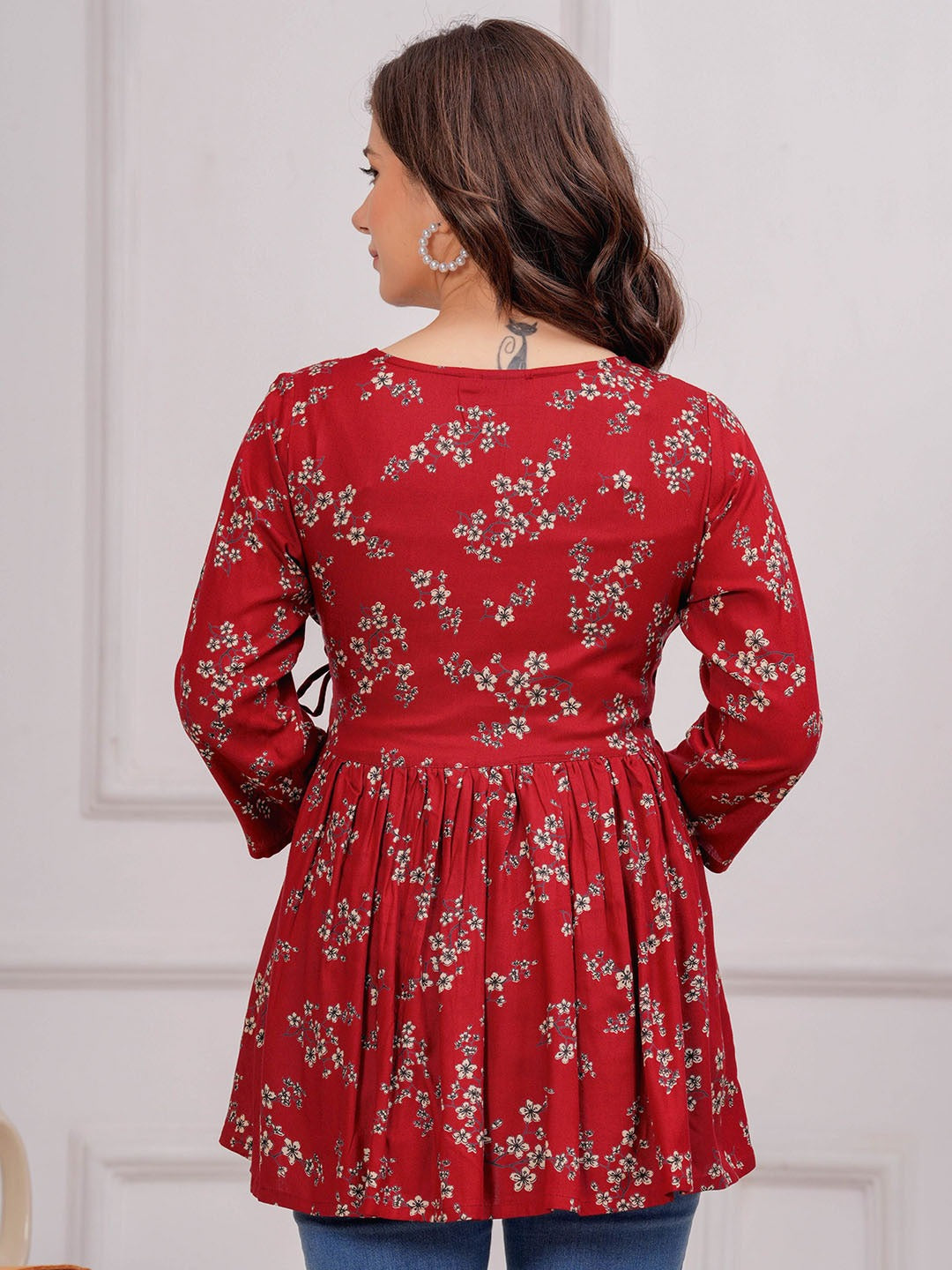 Floral Printed V-Neck Angrakha Kurti