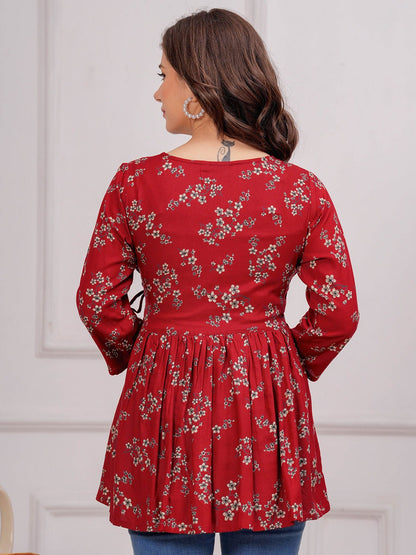 Floral Printed V-Neck Angrakha Kurti