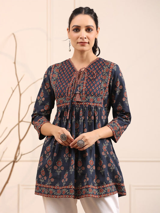 Blue & Rust Floral Printed Pure Cotton Empire Kurti