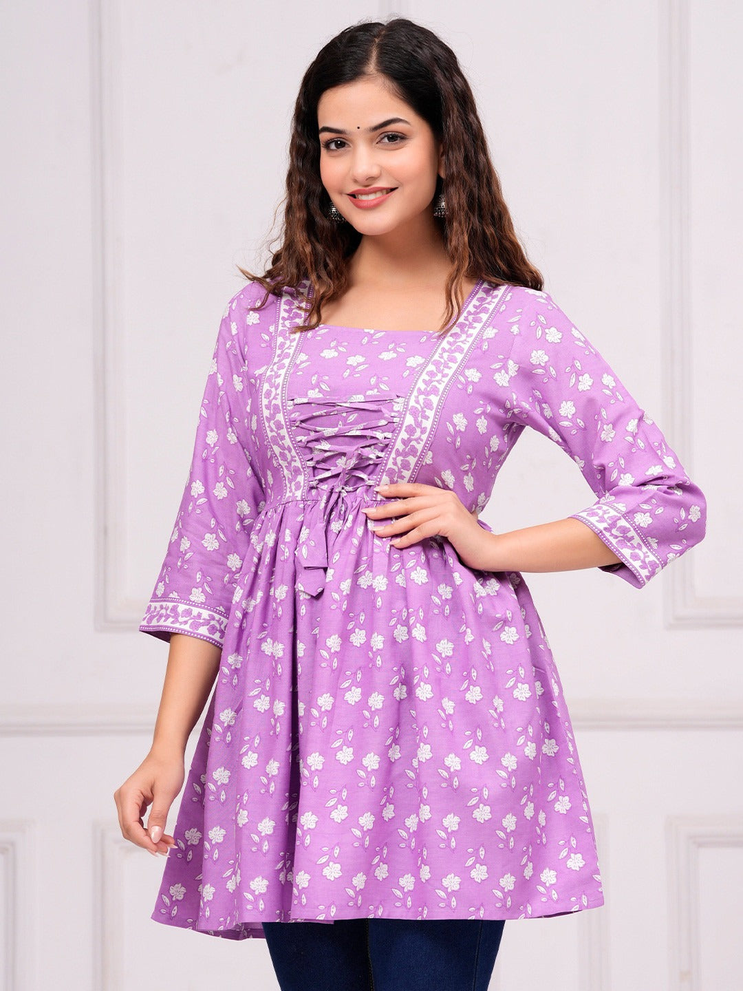 Floral Printed V-Neck A-Line Kurti