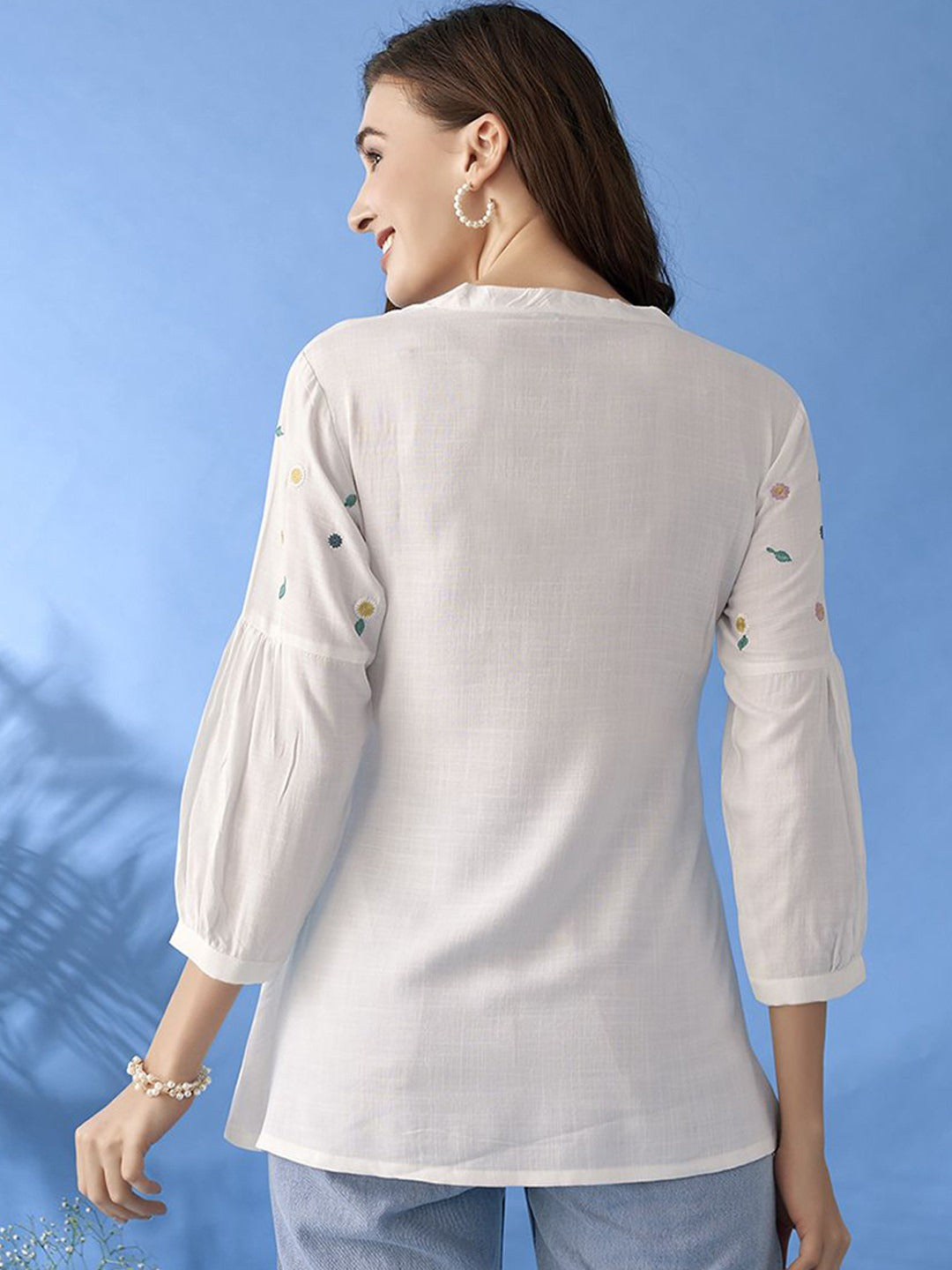 Floral Embroidered Mandarin Collar A-Line Kurti