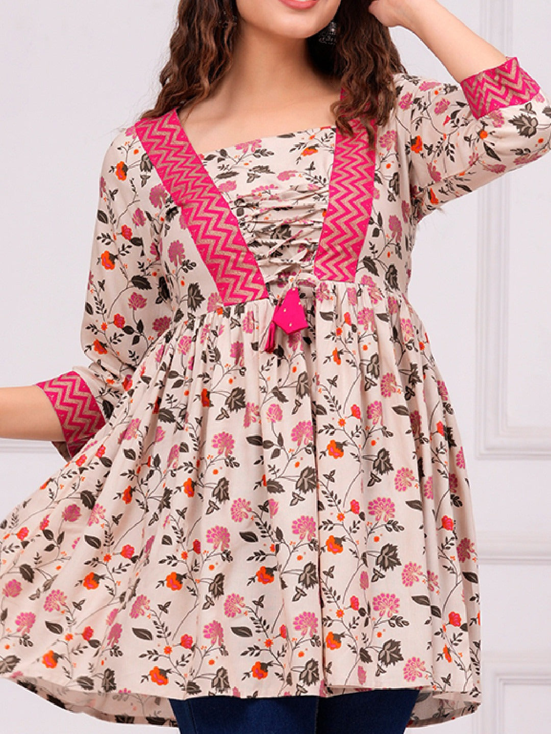 Floral Printed V-Neck A-Line Kurti