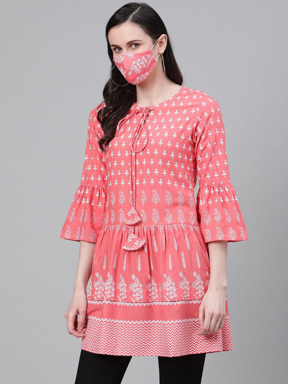Keyhole Neck Ethnic Printed A-Line Short Kurti