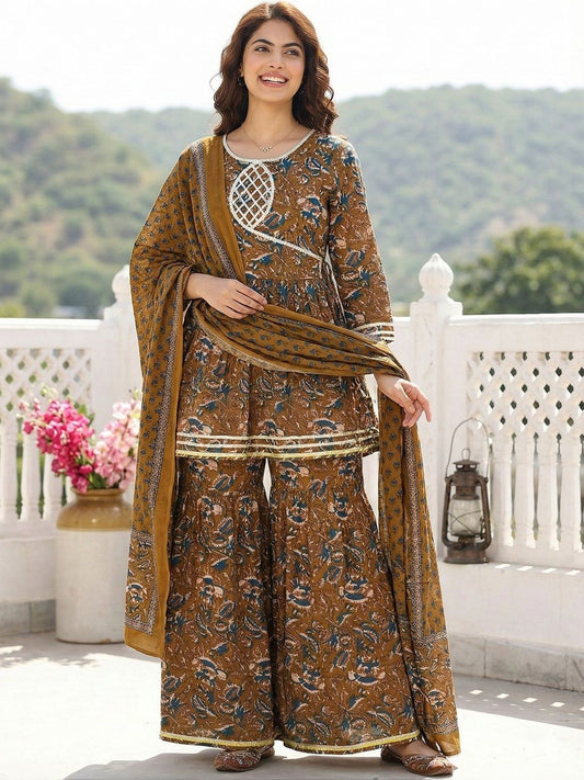 Women Floral Printed Pure Cotton Kurta with Sharara & With Dupatta