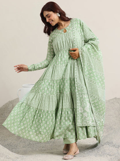 Womens Green Printed Cotton Anarkali Kurta With Trousers & Dupatta