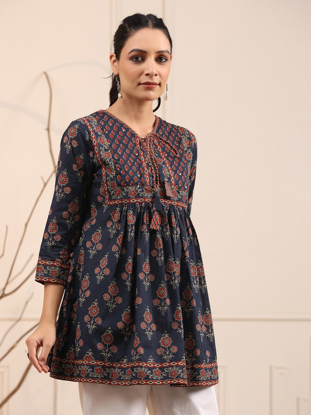 Blue & Rust Floral Printed Pure Cotton Empire Kurti