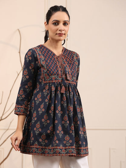 Blue & Rust Floral Printed Pure Cotton Empire Kurti