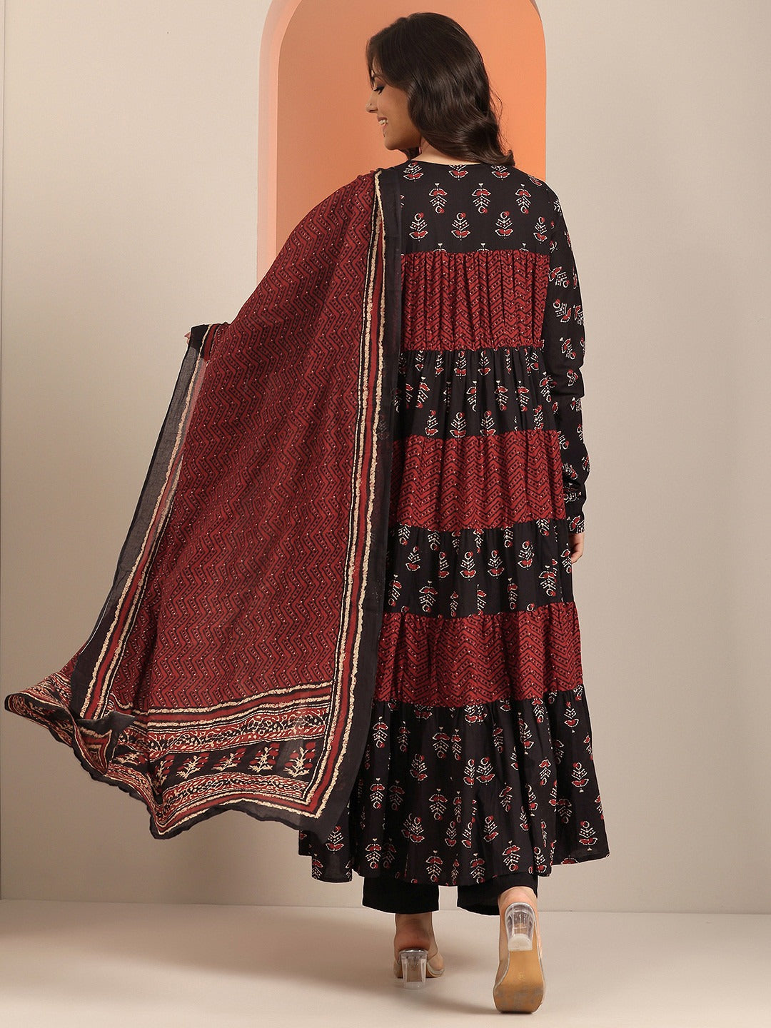 Black &amp; Maroon Printed Kurta with Churidar