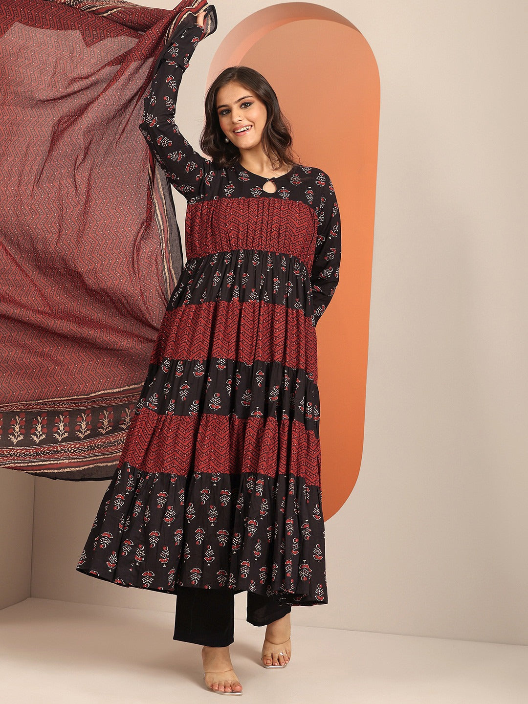 Black &amp; Maroon Printed Kurta with Churidar