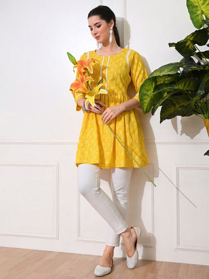 Floral Printed Round Neck Anarkali Short Kurti