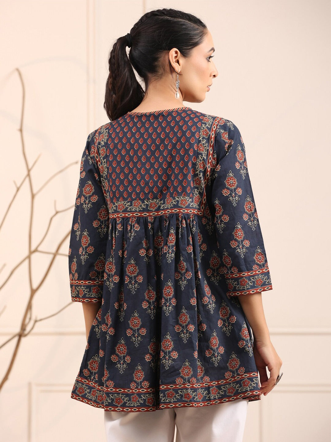 Blue & Rust Floral Printed Pure Cotton Empire Kurti