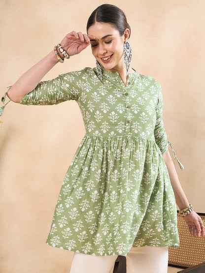 Floral Printed Ruched Cotton A-Line Short Kurti