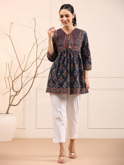 Blue & Rust Floral Printed Pure Cotton Empire Kurti