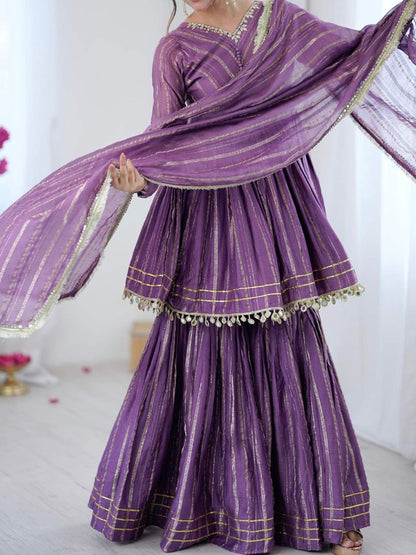 Women Printed Empire Gotta Patti Cotton Kurta with Sharara & With Dupatta