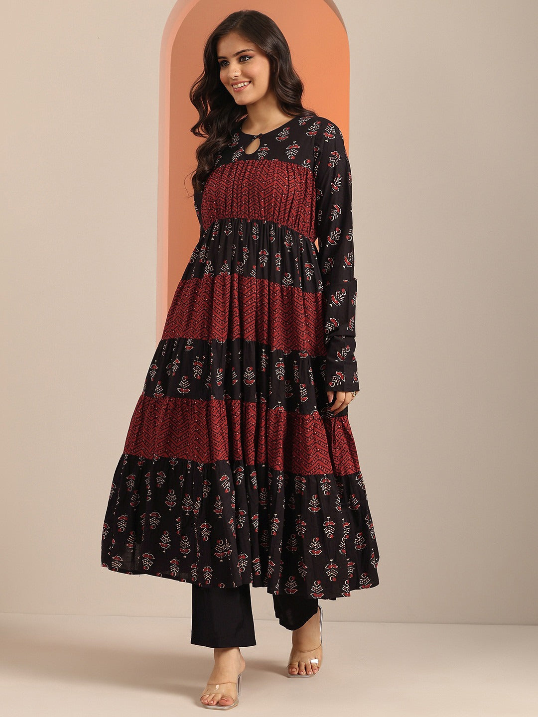 Black &amp; Maroon Printed Kurta with Churidar