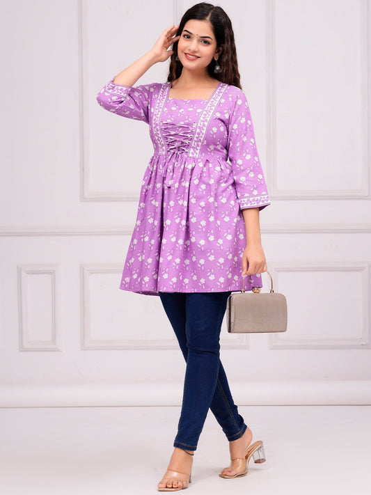 Floral Printed V-Neck A-Line Kurti