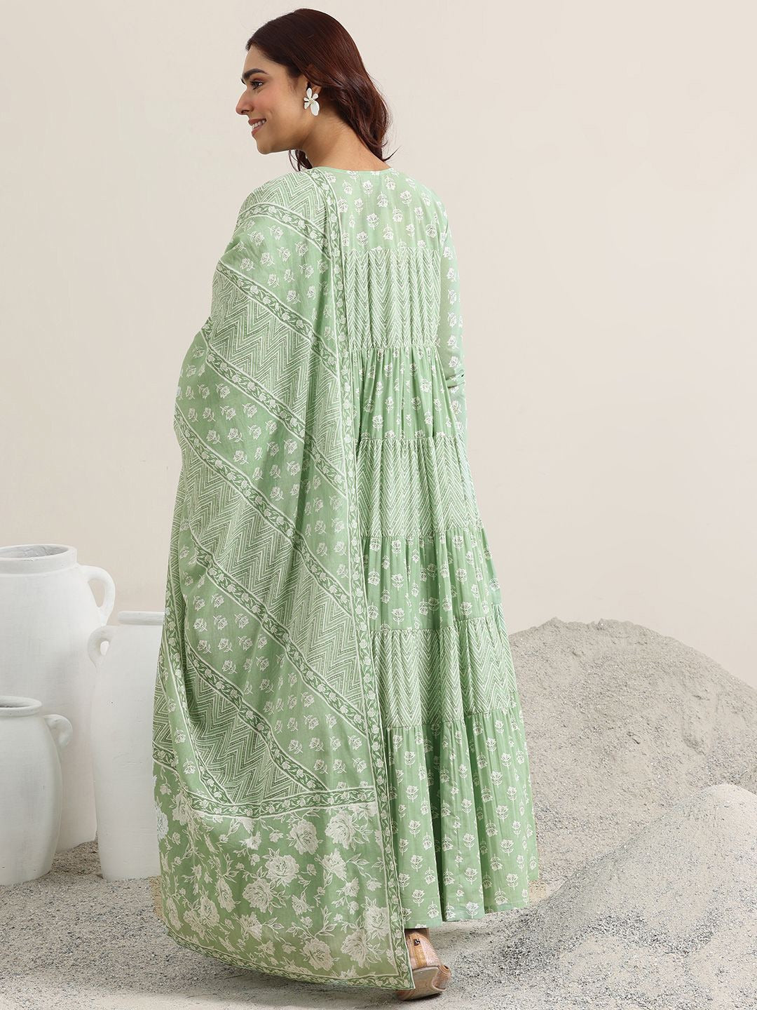 Womens Green Printed Cotton Anarkali Kurta With Trousers & Dupatta