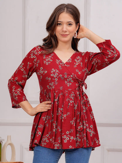 Floral Printed V-Neck Angrakha Kurti