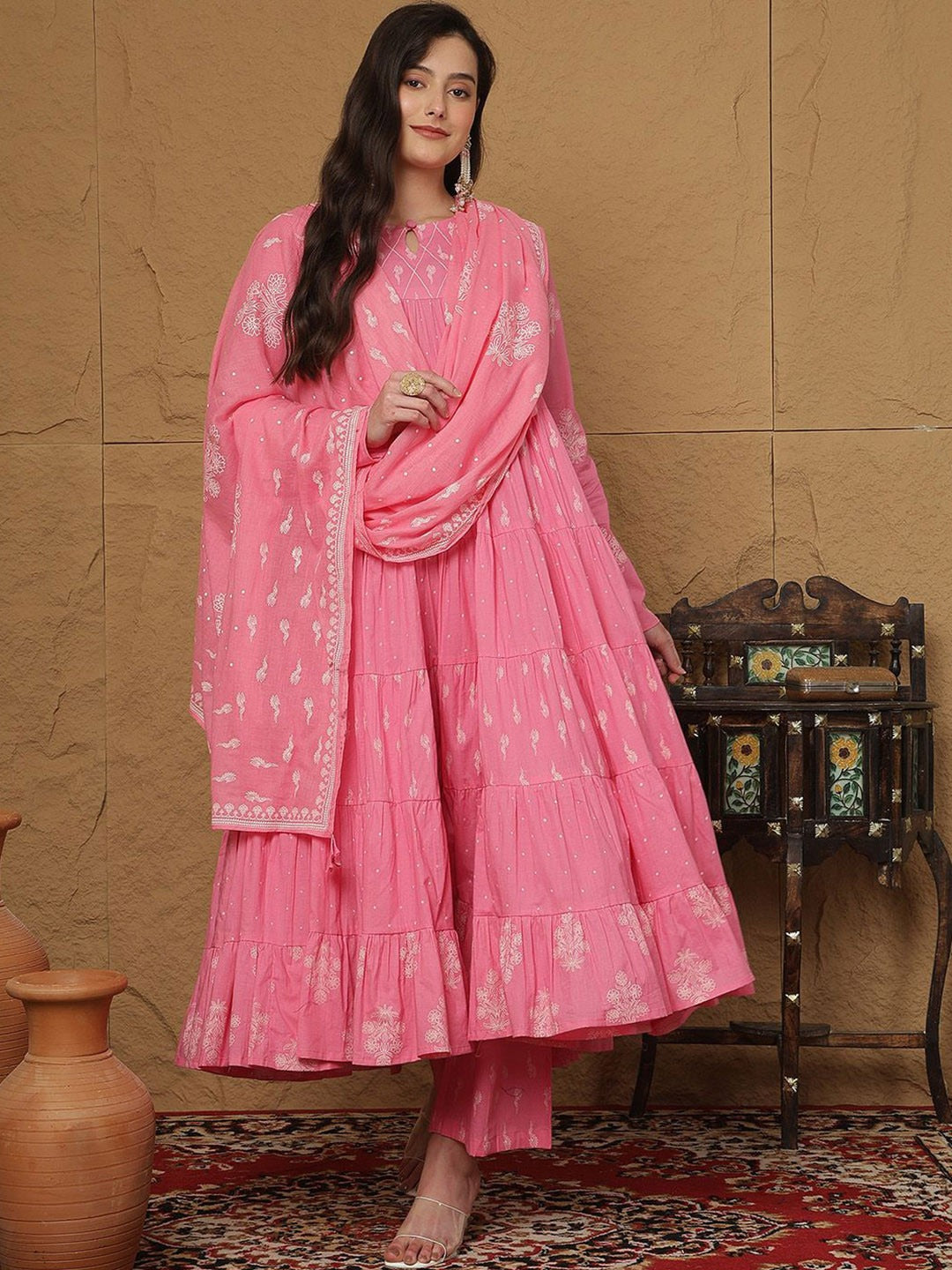 Floral Printed Keyhole Neck Cotton Anarkali Kurta With Palazzos & Dupatta