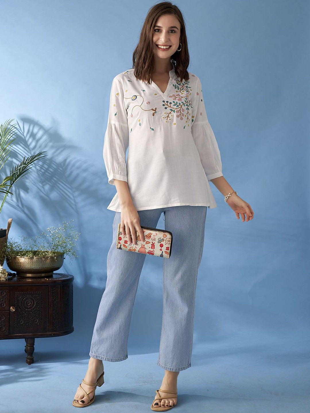 Floral Embroidered Mandarin Collar A-Line Kurti