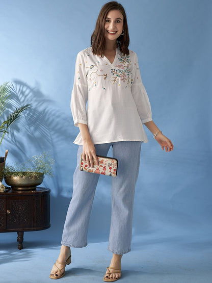 Floral Embroidered Mandarin Collar A-Line Kurti