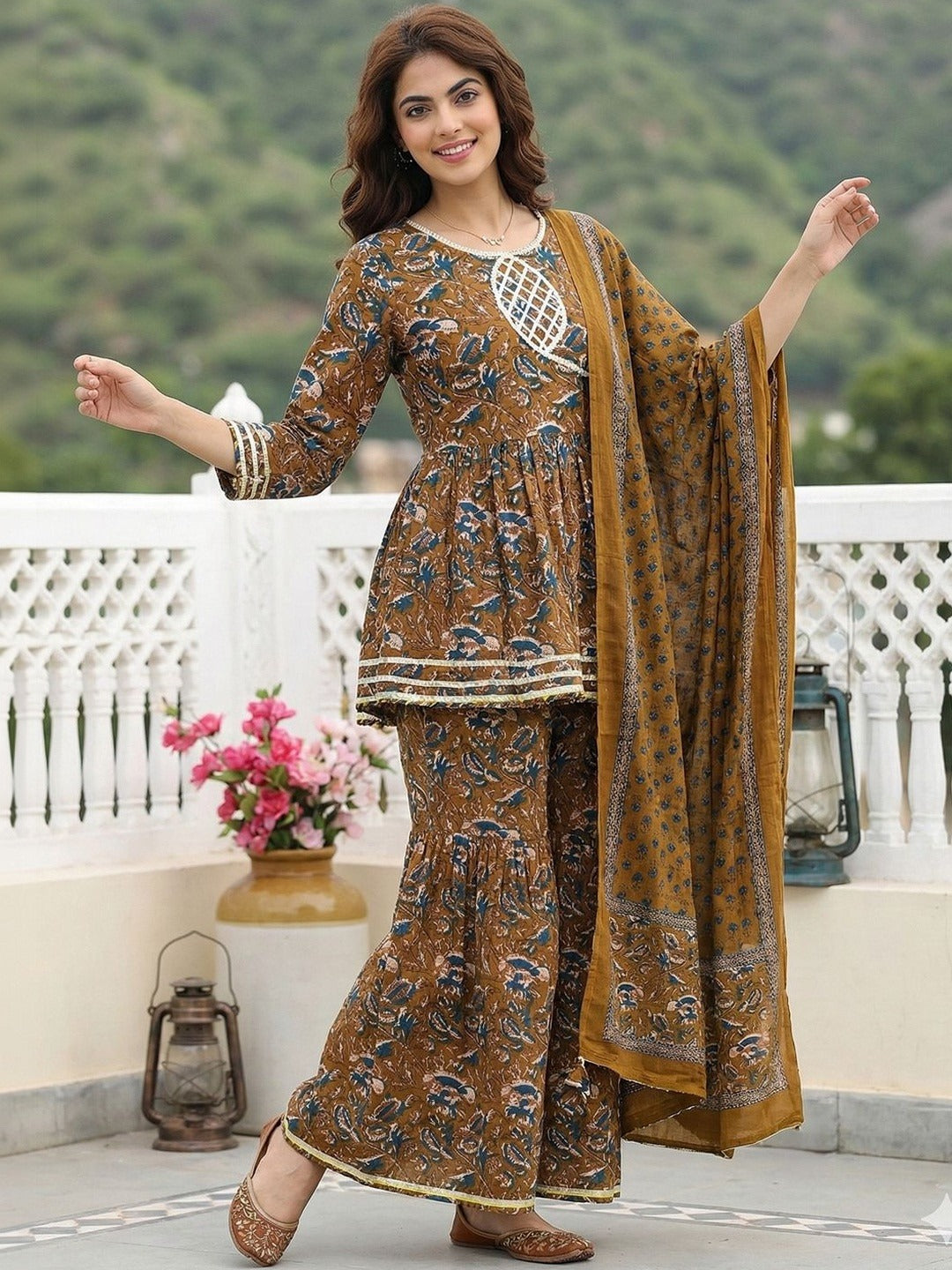 Women Floral Printed Pure Cotton Kurta with Sharara & With Dupatta