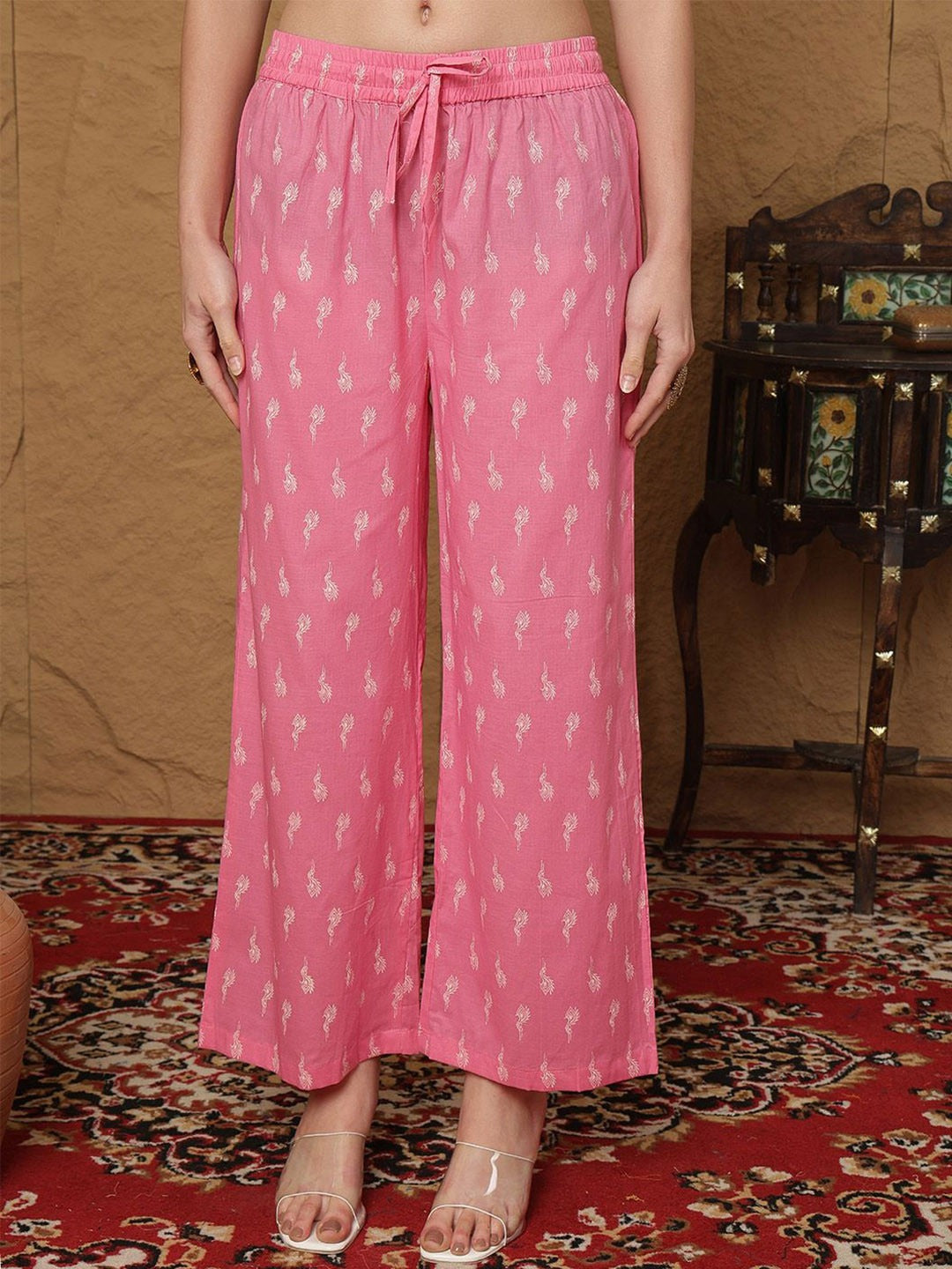 Floral Printed Keyhole Neck Cotton Anarkali Kurta With Palazzos & Dupatta