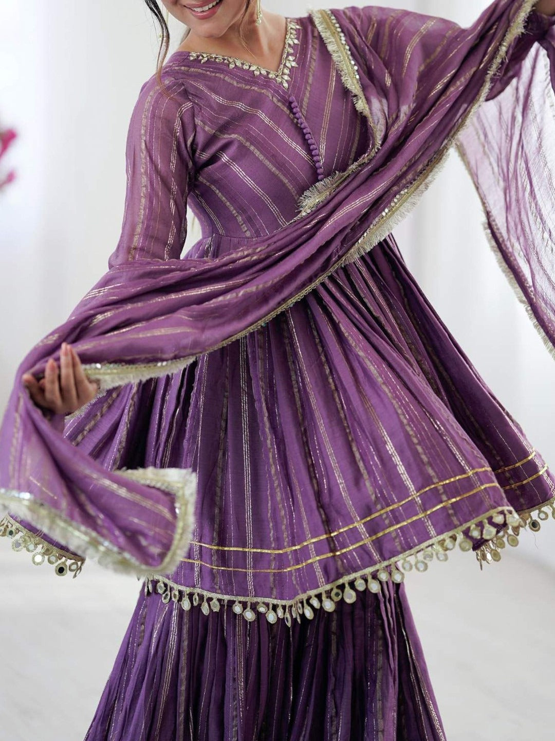 Women Printed Empire Gotta Patti Cotton Kurta with Sharara & With Dupatta