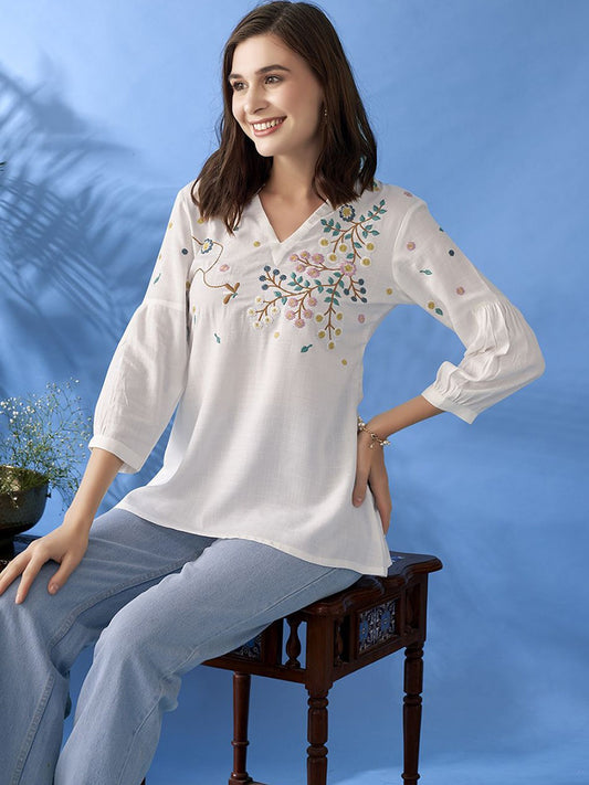 Floral Embroidered Mandarin Collar A-Line Kurti