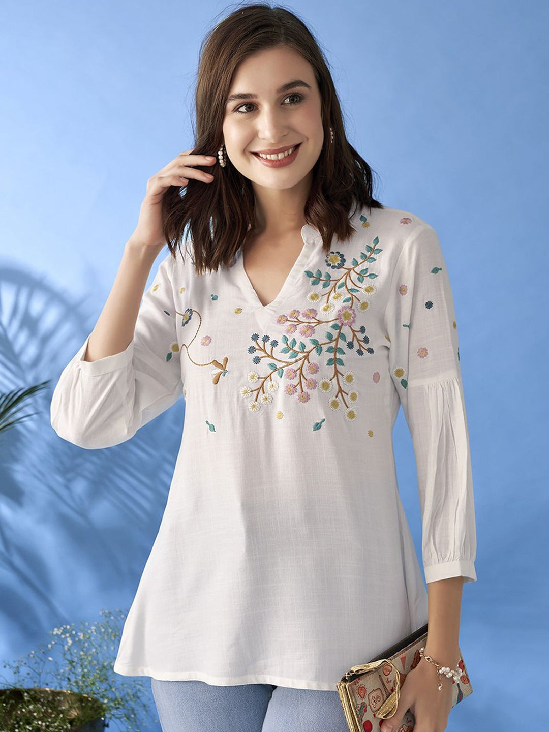 Floral Embroidered Mandarin Collar A-Line Kurti