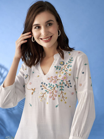 Floral Embroidered Mandarin Collar A-Line Kurti