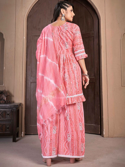 Women Printed Empire Thread Work Kurta with Palazzos & With Dupatta