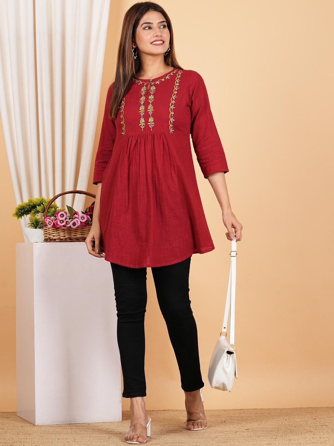 Women's Cotton Embroidered 3/4th Sleeve Keyhole Neck Regular Fitted Short Kurti