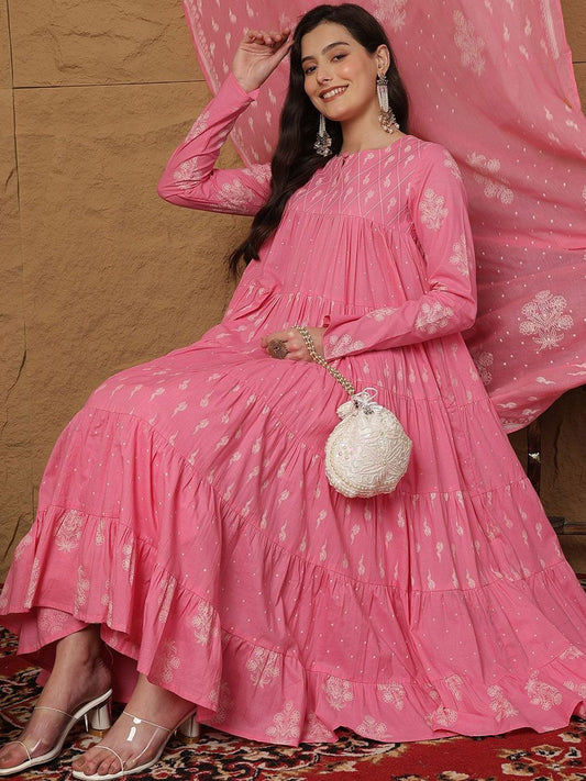 Floral Printed Keyhole Neck Cotton Anarkali Kurta With Palazzos & Dupatta